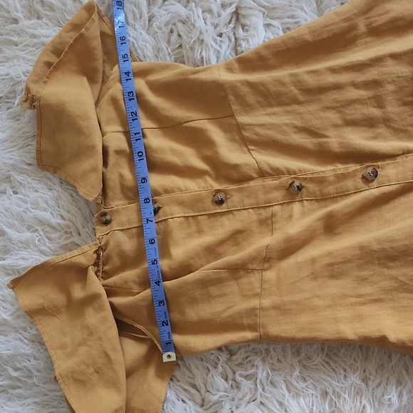 asos Pull&Bear Off Shoulder Ruffle Button Down Linen Dress in Honeycomb Gold - Picture 12 of 12